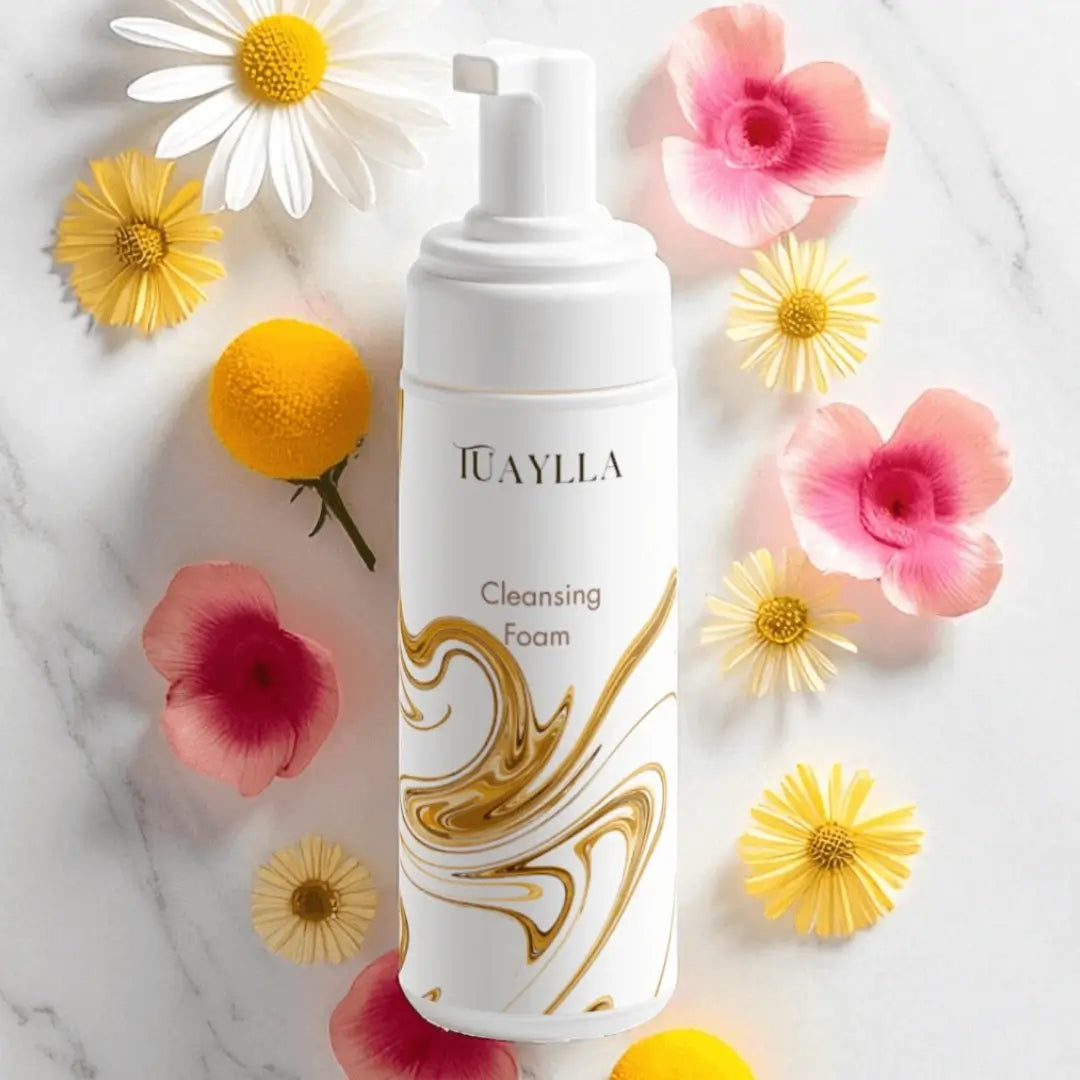 Tuaylla Rose Water Cleansing Foam bottle with soft rose-infused lather